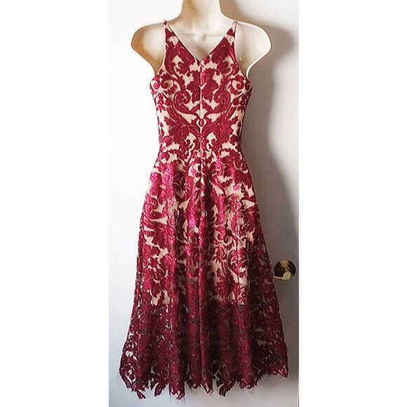 NWT Dress The Population Blair V-Neck Sequined Mesh Flare Dress XS Wine Berry - Picture 4 of 12
